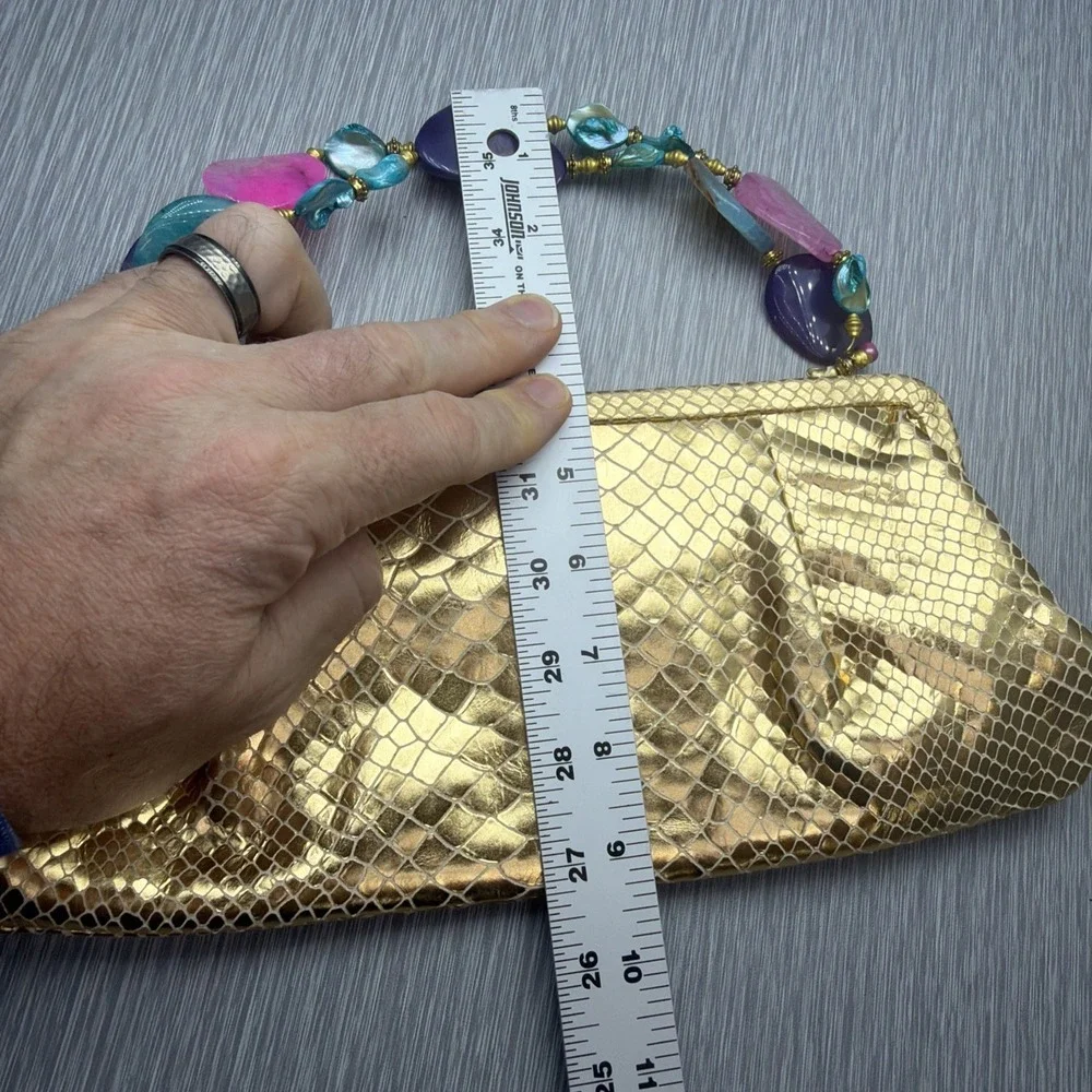 Donald J Pliner Gold‎ Metallic Clutch Bag Snakeskin Beaded Handle Evening